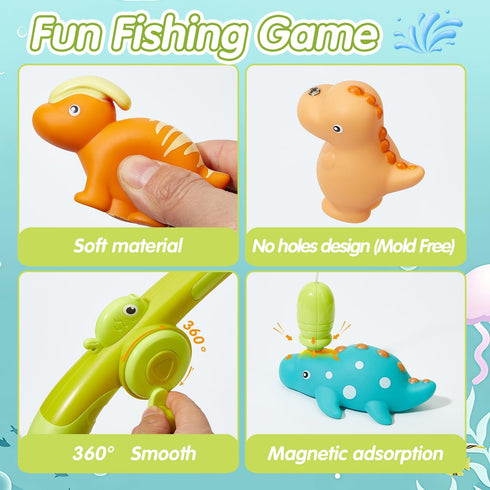 Bath Toys for Kids Ages 1-3 - Magnetic Fishing Toy with Fishing Rod, 8PCS Water Table Toys Soft Rubber Dinosaurs Fishing Game Floating Pool Bathtu...