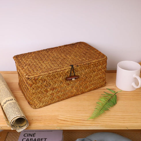 YRHOME Seagrass Rattan Basket Storage with Lid, Natural Hand-woven Rectangular Household Basket Bins for Organizer Boxes Shelf Desk (Original 10.2...