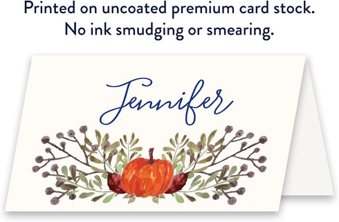 Koko Paper Co Thanksgiving Table Place Cards with Pumpkin and Fall Leaves | 50 Tent Style Dinner Setting Name Cards | Designed and Made in the U.S...