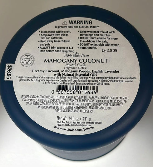 Bath and Body Works, White Barn 3-Wick Candle w/Essential Oils - 14.5 oz - (Mahogany Coconut) Label Artwork Varies...