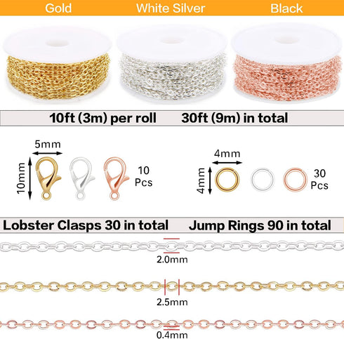 Jishi 30ft Jewelry Making Chains Bulk 2mm Necklace Chains, Jewelry Making Supplies, DIY Craft Earring Bracelet Making Findings, 3-Colors Gold Silv...