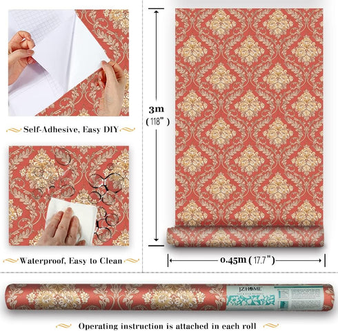 Y1232 Luxury Damask Peel and Stick Wallpaper 17.7" x 9.8ft Red Removable Contact Paper Self-Adhesive Damask Furniture Paper Drawer Shelf Liner Vin...