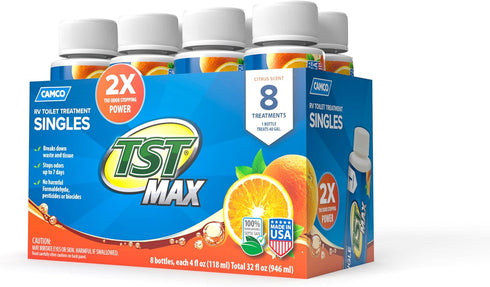 Camco TST MAX Camper / RV Toilet Treatment Singles - Features Ultra-concentrated Biodegradable Septic Safe Formula - Orange Scent, (8) 4 oz Bottle...
