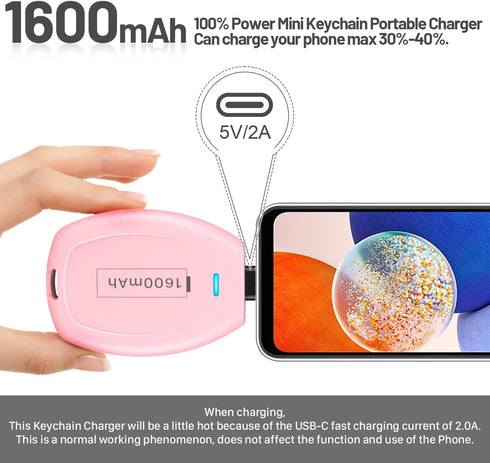USB C Keychain Portable Charger Power Bank Compatible with iPhone 15/15 Plus/15 Pro/15 Pro Max, 1600mAh Mini Type-C Power Emergency Pod Ultra-Comp...