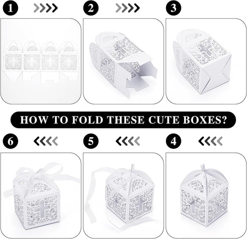 50PCS Baptism Favor Boxes, 2.2''x2.2''x2.2''Laser Cut Favor Boxes with 50 Ribbons for Baby Shower Favors Baptism Decorations First Communion Party...