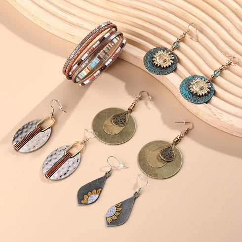 FIFATA 9 Pairs Boho Earrings for Women Vintage Oval Round Ethnic Sunflower Dangle Earrings with Leather Wrap Bracelets Jewelry Set Christmas Earri...