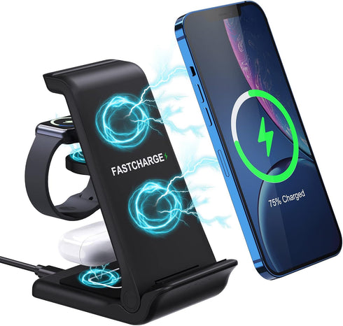ORIA Wireless Charger, 3 in 1 Foldable Wireless Charging Stand, 15W Fast Wireless Charger, Compatible for iOS Phone 11/12/13/14/Pro/Max/i Watch/Ea...