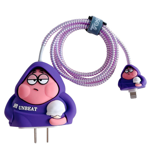 3D Cute Cartoon Charger Protector Case - Compatible for Apple 20W USB-C Power Adapter and Lightning Cable (Purple Patrick)...