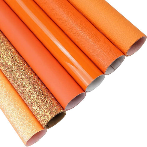 6 Pieces/Set 8x12 Inch (21cmx30cm) Faux Leather Sheets Mixed Orange Series Chunky Fine Glitter Patent Metallic Litchi Skin Texture Faux Leather Fa...