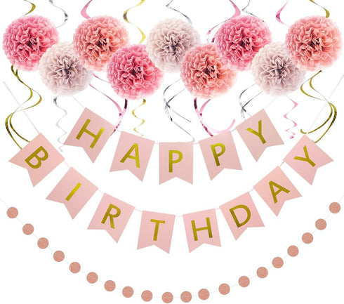 Rose Gold Birthday Decorations Kit - 20-Pc Set with Pre-Strung Happy Birthday Banner, Tissue Paper, Garland & Swirls | Rose Gold Party Supplies fo...