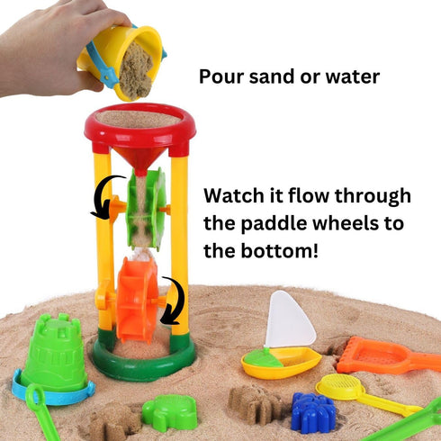 Liberty Imports Double Sand & Water Wheel Tower Beach Toy Set w/Built-in Funnel, Sieve, Bucket, Shovel, Rake, Animal Molds for Kids, Toddlers Play...