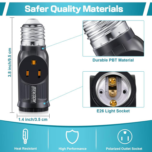 Feekoon 2 Pcs 3 Prong Light Socket Adapter, E26 Light Bulb Outlet Adapter, Polarized Light Socket to Plug Adapter, Light Bulb to 2/3 Prong Outlet ...