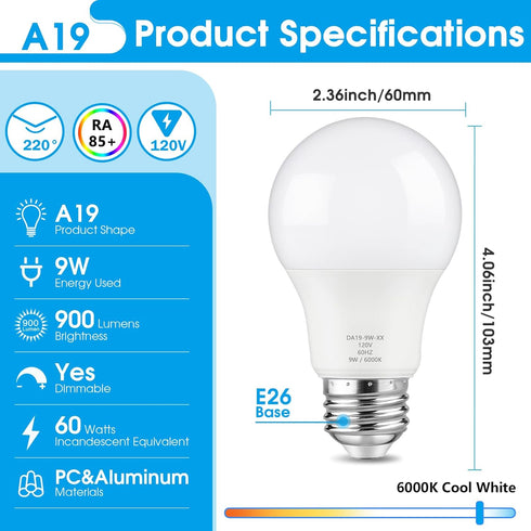 A19 LED Light Bulbs, 60 Watt Equivalent LED Bulb, Cool White 6000K, 900LM, E26 Base, Dimmable, 9W Bright White LED Bulb, 12-Pack...