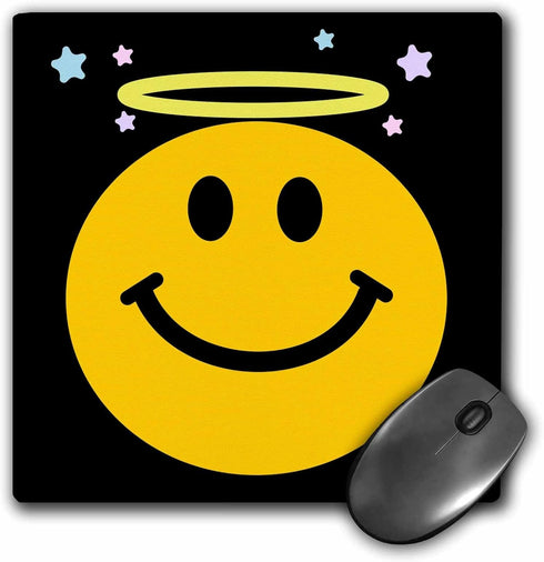 3dRose Mouse Pad Angel Smiley Face On Black Angelic Yellow Happy Smilie with Halo - Smiling Smile Sweet Innocent Good - 8 by 8-Inches (mp_113104_1...