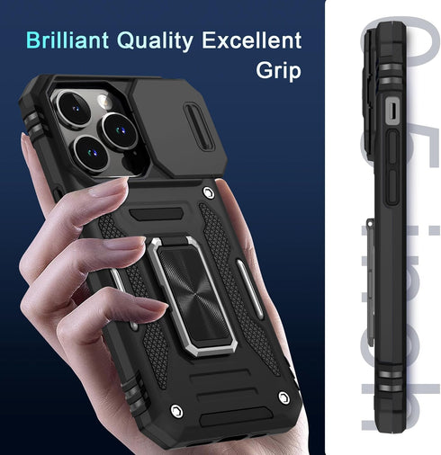 DEERLAMN for iPhone 14 Pro Case with Slide Camera Cover+Screen Protector(1 Pack),Rotated Ring Kickstand Military Grade Shockproof Protective Cover...