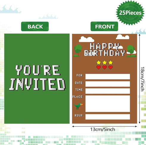 25 Pieces Pixel Video Birthday Party Supplies Game Themed Party Invitations Invite Card with Green Envelopes for Boy Kids Pixel Gamer Party Decora...