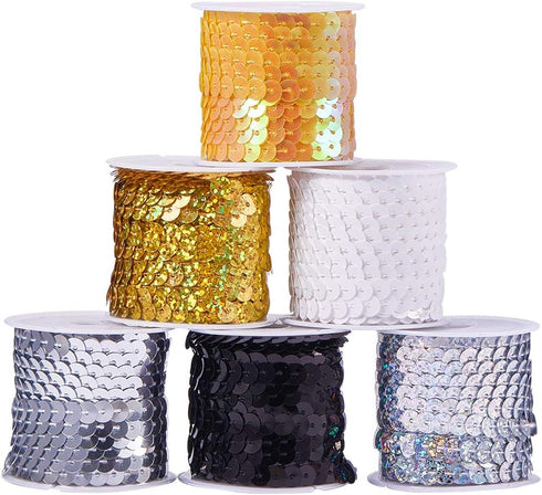 PH PandaHall 30 Yards Spangle Flat Sequins 6mm 6 Color Crafts Sequin Strip Sewing Paillette Spool String Metallic Shiny Trim for Mermaid Dress Emb...