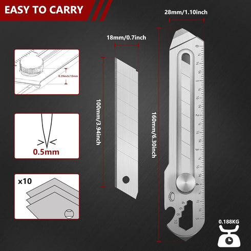 7-In-1 Mutipurpose Utility Knife, Stainless Steel Retractable Box Cutter, Heavy Duty Snap off Cutter Knife with 10PC 18MM SK5 Blades, Safety Lock ...