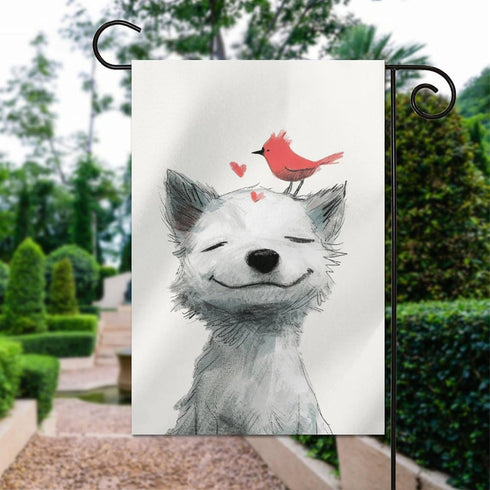 Small Joyful Dog with A Bird on Its Head Garden Flag Cute Animal House Yard Flag Seasonal Holiday Outside Holiday Decoration Home Decor Double Sid...