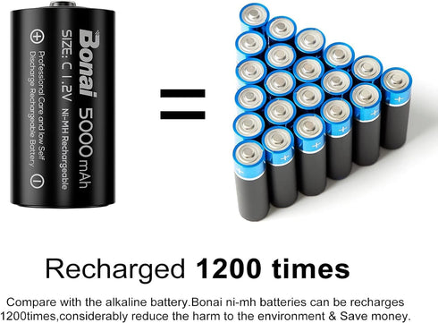 BONAI Rechargeable C Batteries, C Cells 5000mAh 1.2V Ni-MH High Capacity C Size Battery (4 Pack)...
