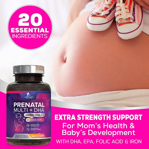 Women's Prenatal Multivitamin with Folic Acid + DHA, Prenatal Vitamin Supplement for Fetal Support w/ Folate, Omega 3, Vitamins D3, B6, B12 & Iron...