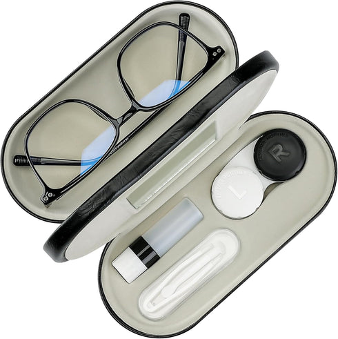 2 in 1 Contact Lens Case and Glasses Case,Double Sided Dual Use Design with Mirror, Tweezer and Contact Lens Solution Bottle,Portable Soak Storage...