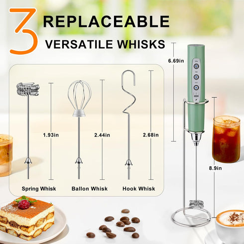 YUSWKO Granite Rechargeable Milk Frother for Coffee with Stand, Handheld Drink Mixer with 3 Heads 3 Speeds Electric Stirrers for Latte, Cappuccino...