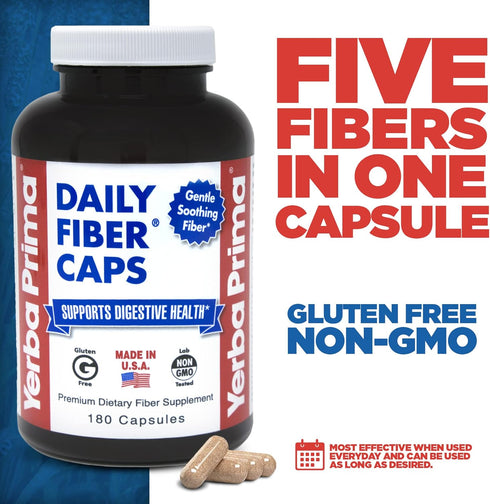 Yerba Prima Daily Fiber Formula - 180 caps (Pack of 2) - Soluble & Insoluble Dietary Fiber Supplement - Colon Cleanse - Gut Health - Vegan, Non-GM...