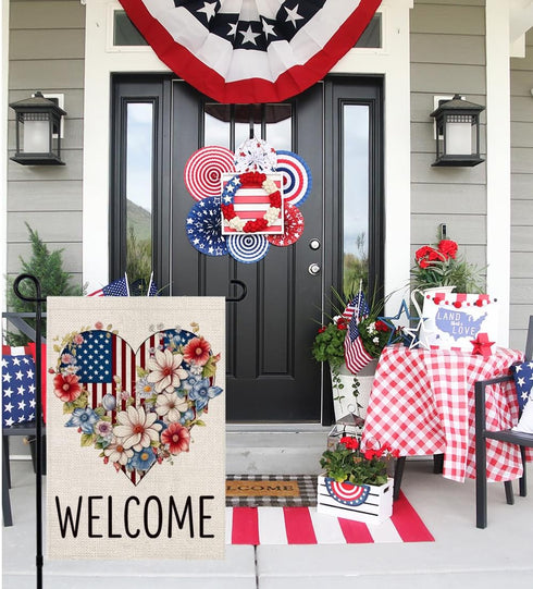 4th of July Patriotic Garden Flag 12x18 Double Sided, American Floral Heart Welcome Burlap Small Yard Flag for Independence Day Outside Decoration...
