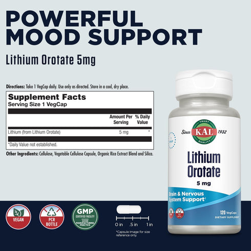 KAL Lithium Orotate 5 milligrams | Low Serving Of Chelated Lithium Orotate For Bioavailability and Mood Support | In Organic Rice Bran Extract Bas...