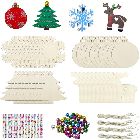 Hidreas 40 Pcs Wooden Ornaments Unfinished Christmas DIY Ornaments Craft Kit, Christmas Wood Ornaments with Bells, Wax Rope and Rhinestone Sticker...