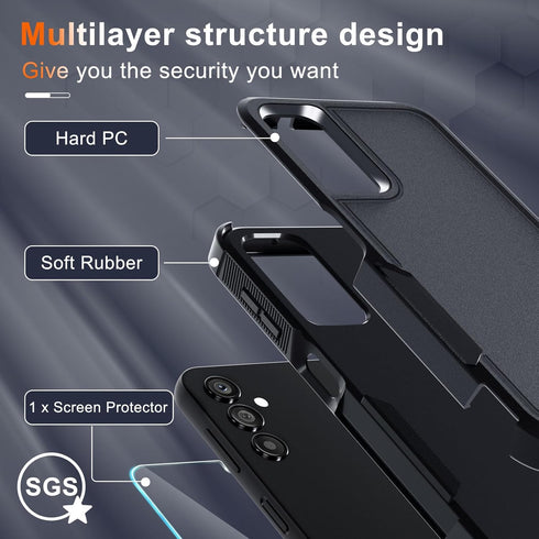 for Samsung Galaxy A25 Case, Full Body Heavy Duty Rugged Shockproof Protective Phone Cover with Lanyard Strap, Tempered Glass Screen Protector, Bl...