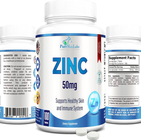 Zinc Citrate/Oxide 50mg - Immune Support & Antioxidant Supplement, Skin Health Support - 100 Tablets...