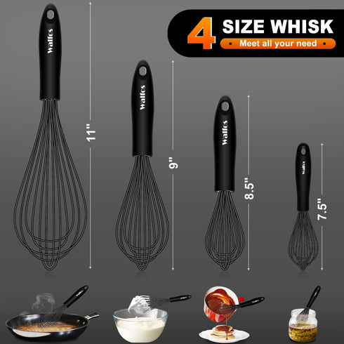 Silicone Whisk Set, Walfos 8.5''+10''+12'' Balloon Whisk and 6.7'' Mini Whisk Set for Blending Beating Stirring and Kitchen Cooking?Black?...