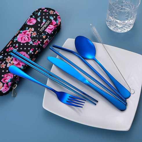 Travel Utensils,Reusable Silverware Set To Go Portable Cutlery Set with a Waterproof Carrying Case for Lunch Boxes Workplace Camping Picnic (Blue)...