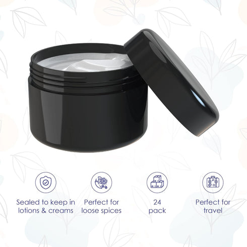 Houseables Black Cosmetic Jars, Small Containers with Lids, Plastic, 2 Fl Oz, 160 ML, 24 Pack, TSA Approved Container for Lotion, Salve, Body Butt...