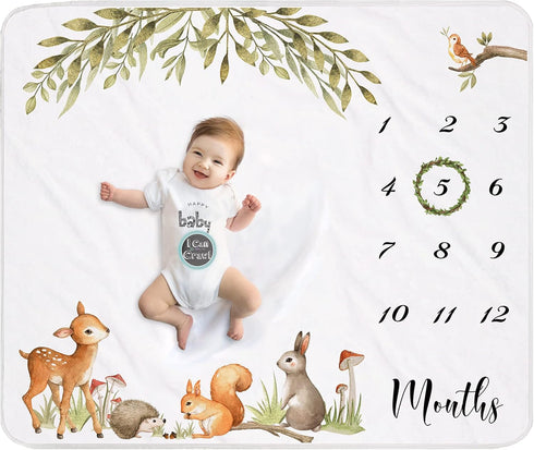 Woodland Baby Monthly Milestone Blanket, Unisex, Gift for Baby Shower, Photo Blanket for Newborn, Wreath & 12 Stickers Included, Soft Flannel Blan...