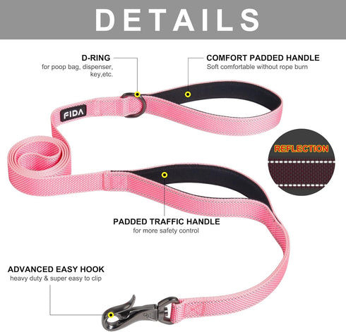 Fida 5 FT Heavy Duty Dog Leash with 2 Comfortable Padded Handles, Traffic Handle & Advanced Easy Snap Hook, Reflective Walking Lead for Large, Med...