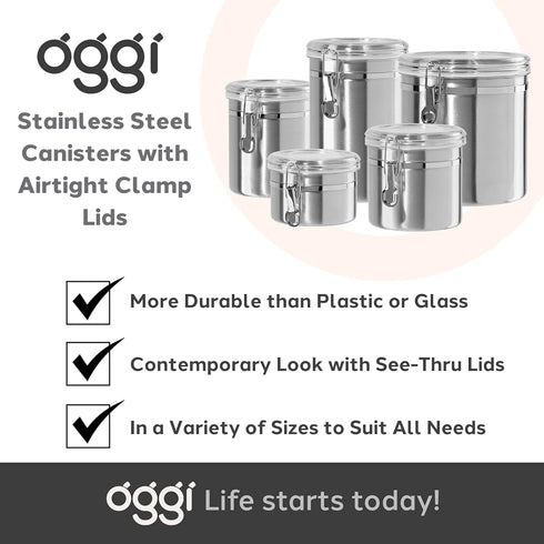 OGGI Stainless Steel Kitchen Canister 26 fl oz - Airtight Clamp Lid, Clear See-Thru Top - Ideal for Kitchen Storage, Food Storage, Pantry Storage....