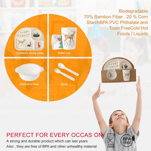 Bamboo Toddler Dinnerware Set,5Pcs Kids Dinnerware Set,Bamboo Kids Plates and Bowls Set,Kids Dishes Dinnerware Sets with Plate,Bowl,Cup,Fork and S...
