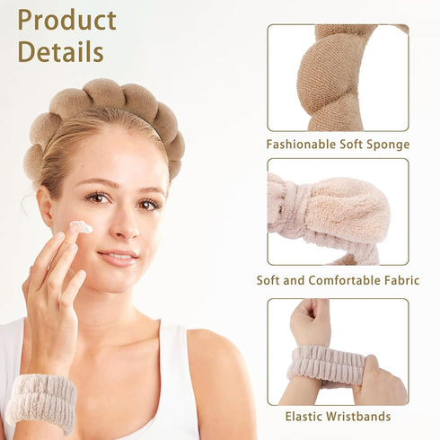 Spa Headband for Washing Face 5Pcs Skincare Headbands Makeup Headband Wrist Bands for Washing Face Makeup Headbands for Women Brown Black Khaki He...