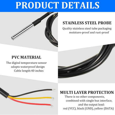 Weewooday DS18B20 1 m/ 3.2 Ft Digital Temperature Thermal Cable Waterproof Probe Sensor -55°C to +125°C, Compatible with Arduino/Raspberry Pi(15 P...