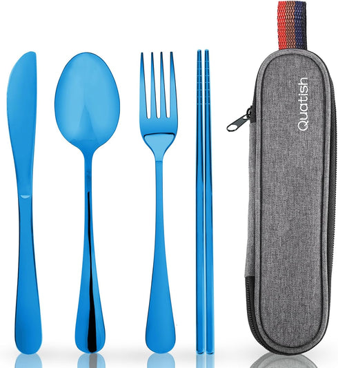 Travel Utensils with Case, Quatish Portable Silverware Set for Work, 304 Stainless Steel Reusable Travel Cutlery Set, Fork and Spoon Set for Campi...