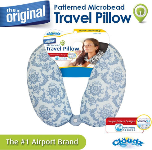 Cloudz Patterned Microbead Airplane Travel Neck Pillow. Customize Your Comfort and Support While Traveling on a Plane, Car, Bus or Train! - Blue P...