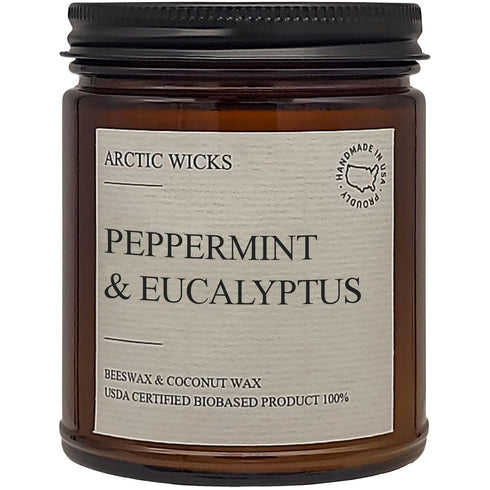 Peppermint & Eucalyptus Candles | Arctic Wicks Non Toxic Coconut Beeswax Candles | Natural Coconut Beeswax 9oz Amber Jar | Spa Wellness Candles Wa...