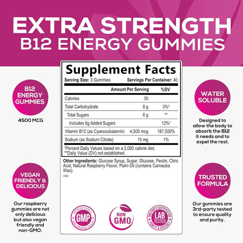Vitamin B12 Energy Gummies - Extra Strength 4500 mcg Energy Chews for Metabolism & Nervous System Health Support, B-12 Gummy Chewable Supplement f...