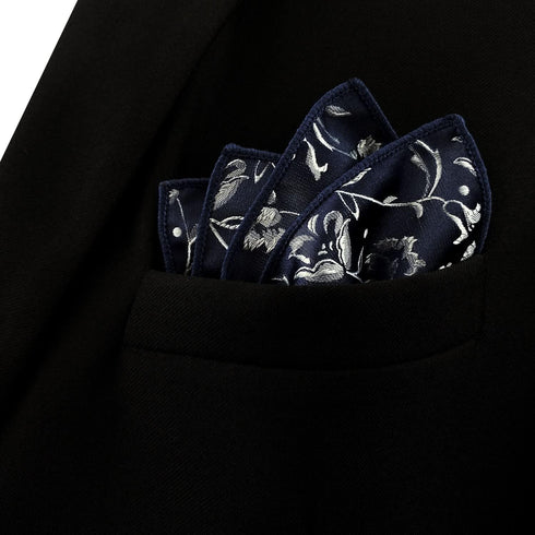 S&W SHLAX&WING Floral Pocket Square for Men Dark Blue Silver Unique Design 12.6" Large...