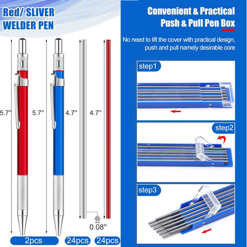 2 Pcs Welders Pencil with 48 PCS Round Refills Mechanical Pencils Metal Welding Marker for Tube Pipe Fitter Welder Steel Construction Woodworking ...