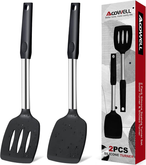 Silicone Spatula Turner Set, Premium Spatulas Silicone Heat Resistant Pack of 2 Kitchen Spatula for Nonstick Cookware, Solid & Slotted Rubber Spat...