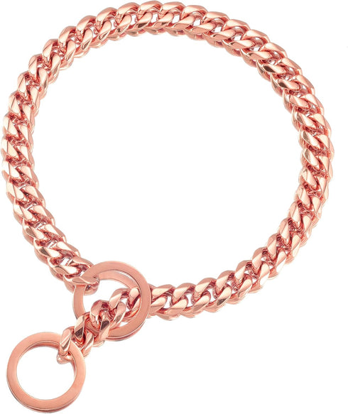 Dog Chain Collar High Rose Gold Polished 12MM Stainless Steel Cuban Link Strong Heavy Duty Chew Proof Walking Chain Leash Collar for Small Medium ...
